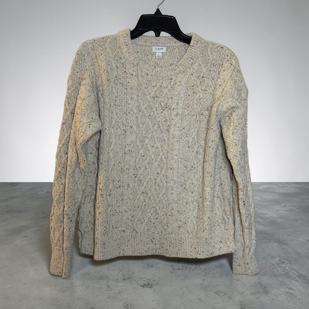 J.Crew Re-Imagined Cable Knit Sweater Womens L Oatmeal Confetti Fleck Crewneck